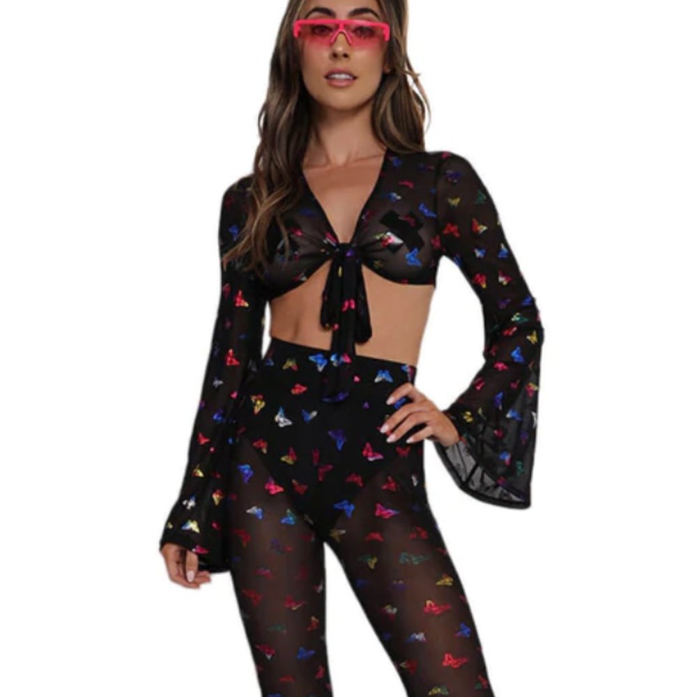 iHeartRaves Butterfly Mesh Bell Bottoms / High Waisted Bottoms